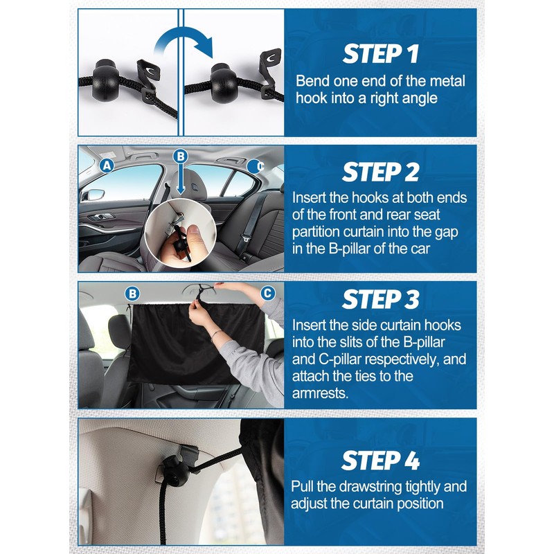 Set of 3 Car Privacy Curtains - 95% Light Blocking