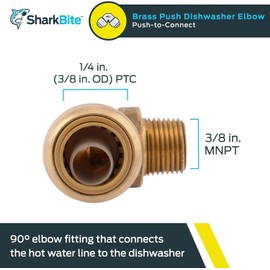 SharkBite 1/4 Inch (3/8 Inch OD) x 3/8 Inch 90 Degree Dishwasher Elbow, MNPT, Push to Connect Brass Plumbing Fitting, PEX Pipe, Copper, CPVC, PE-RT, HDPE, U276LFA