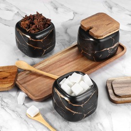 Spice Jars Set, 3 Pieces Ceramic Sugar Bowl with Lid and Spoon for Home and Kitchen, Alternative to Spice Rack and Spice Rack for Kitchen and Dining Table, Black Marble Pattern