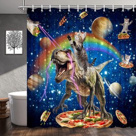 Funny Cat Shower Curtain Cool Cat Riding Dinosaur Rainbow Fantasy Galaxy Outer Space Universe Cool Animals Bathroom Decor Polyester Fabric Curtains with Hook 70Wx70H Inches