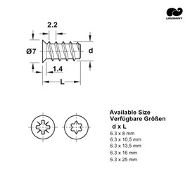 LIKERAINY Steel Euro Screws 6.3 x 16 mm Varianta Furniture Fasteners with Full Threaded Bore Diameter 5mm Special Fixing Screw for Pull-Out Drawer Runners Connecting Screw for Wood 50 Pcs