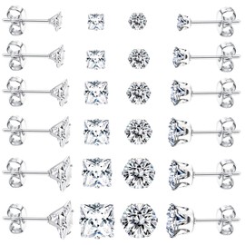Dochais 12 Pairs of Men's Earrings, Silver, Medical Stud Earrings, 316L Surgical Steel Stud Earrings, Hypoallergenic Stainless Steel Earrings Set, Zirconia Stud Earrings for Men Women Unisex,
