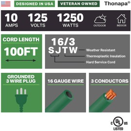 Thonapa Weatherproof Outdoor Extension Cord 100 ft, 16/3 SJTW 100ft Green Extension Cord 3 Prong, Long Exterior Extension Cord for Outdoor Lights & Landscaping, UL Certified - US Veteran Owned