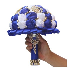 Gkvszy Royal Blue and White Gold Brooch Wedding Bridal Bouquet for Bride Bridesmaid Quinceanera with Bling Rhinestone Pearl Satin Rose Flower Bouquet Wedding Royal Blue and White 8.3in