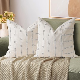 AELS 18x18 Decorative Boho Linen Throw Pillow Covers, Modern Farmhouse Textured Pillow Case, Set of 2, Tufted Stitch Stripe Cushion Cover for Bed Sofa Couch Living Room (Cover ONLY), Light Gray