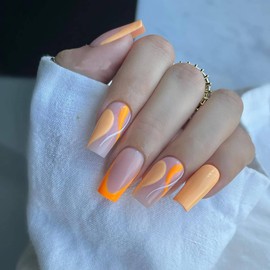 Short Press on Nails French Fake Nails Swirl Design Stick on Nails Full Cover Acrylic Nails Orange Square Glue on Nails Cute Short Nails Spring Summer Static False Nails for Women 24Pcs