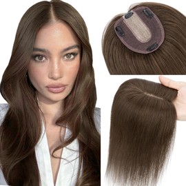 Hairro Brown Hair Toppers Clip in Human Hair Topper for Women 10x12cm Large Silk Base 100% Real Remy Human Hair Realistic Hairpiece Cover Grey White Thinning Hair 14 inch Dark Brown