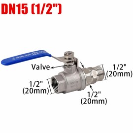 1 x 3-way ball valve, 304 stainless steel, three-way T-type internal thread pipe, ball valve, 1/2 inch DN15 brass socket, 3-way valve with lever handle, blue, for water, oil and air pipes