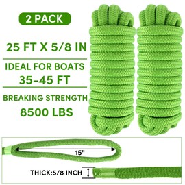 Dock Lines Boat Ropes for Docking 5/8" x25' Double Braided Mooring Marine Rope Boat Lines for Docking, Dock Lines for Boats with Loop, Grass Green 2 Pack