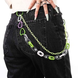 Blindery Colorful Cute Pants Jean Acrylic Layered Keychain Punk Colorful Pendants Heart Pocket Trousers Hiphop Rock Wallet Chains Body Chain for Men and Women (Green)