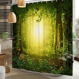 Xiaoterna Fairy Tale Fantastic Forest Shower Curtain Fantastic Woodland Jungle Bathroom Curtain Natural Landscape Sunrise Bokeh Shower Curtain Machine Washable Waterproof Fabric 240x180cm