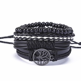 HAORQEE Mens Leather Bracelet, Tree of Life Beads Men’s Wristbands Bracelets, Multi-layer Vintage Braided Rope Adjustable Viking Wrist Bracelets Set Gifts for Men(Black)