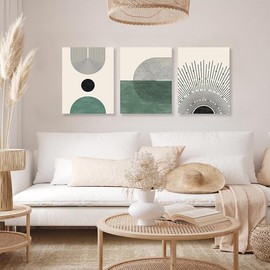 Sage Green Boho Wall Art, KBKBART Abstract Framed Canvas Wall Art for Living Room, Minimalist Beige Green Sun Geometry Black Line Artwork Paintings, Modern Sage Green Boho Room Decor, Green Wall Decor