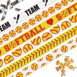 NUVCELKA Softball Ribbon, 6 Pack (5/8 Inch x 3 Yards Each), Grosgrain Sport Ball Ribbon for Hair Bows, Team Banners, Crafts, DIY Headbands, Gifts