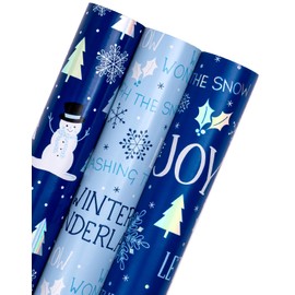 WRAPAHOLIC Christmas Wrapping Paper Roll - Mini Roll - 3 Rolls - 17 Inch X 120 Inch Per Roll - Blue and White Winter Wondland, Snowflake, Snowman Holiday Collection with Metallic Foil Shine