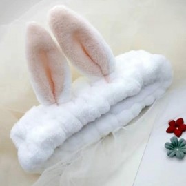 White Microfiber Rabbit Ear Face Washing Headband White 3ea