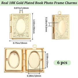 Beebeecraft 1 Box 6Pcs Book Photo Frame Charms 18K Gold Plated Religious Bible Floating Locket Necklace Pendants Charms for DIY Living Memory Necklace Making 26x19x4.5mm, Hole 1.8mm