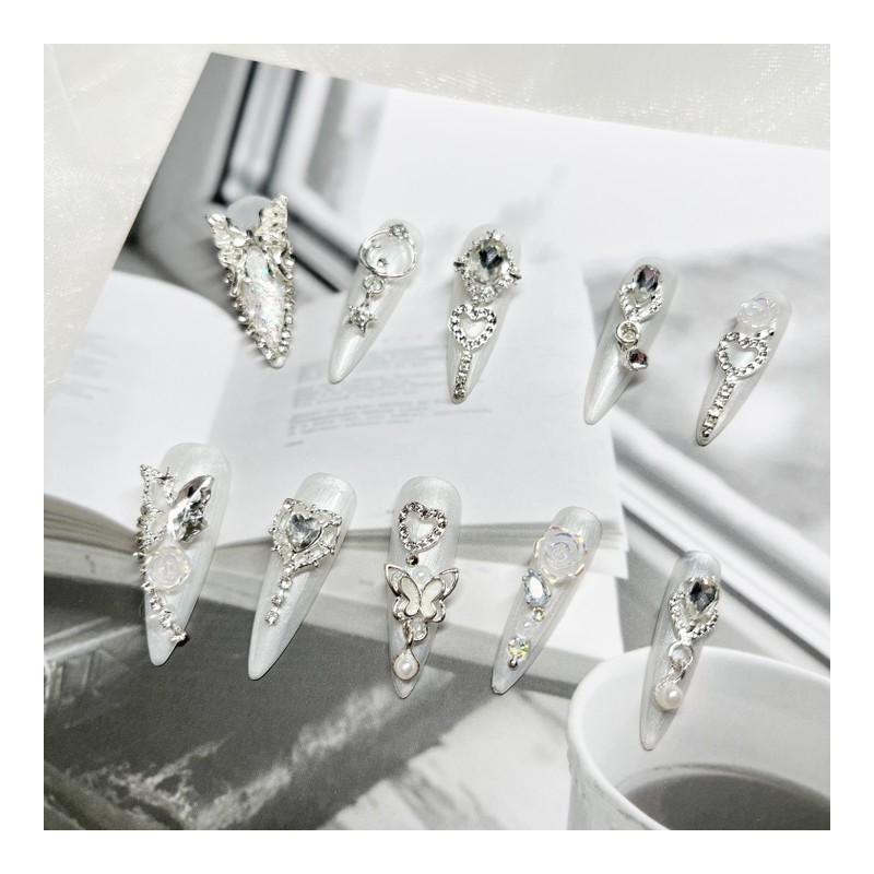 [Handmade Nail Tips] Wedding Nail Crystal Butterfly Nail - Oval