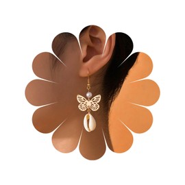 Allereya Vintage Cowrie Drop Earrings Puka Shell Dangle Earrings Hollow Butterfly Dangling Earrings Gold Butterfly Earrings Jewelry for Women and Girls