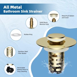 iFealClear Upgraded 4-in-1 Bathroom Sink Drain Strainer, Universal Pop Up Sink Stopper with 2-Layer Detachable Hair Catcher Filter Basket, Drain Stopper Fit 1.1"-2.36" US Basin, Brushed Gold