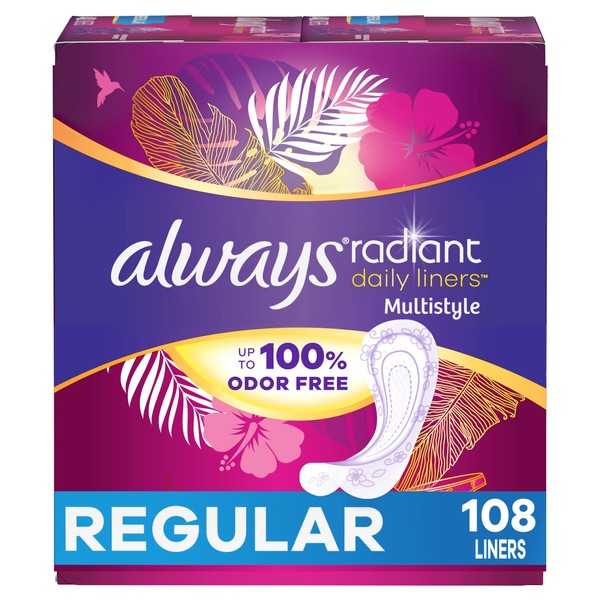 Always Radiant Daily Multistyle Liners Regular Absorbency Unscented, Up to 100% Odor-Free, 108 Count