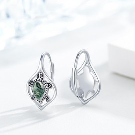 AOVEAO Sea Turtle Earrings 925 Sterling Silver Moss Agate Turtle Hoop Earring,Cute Beach Sea Turtle Huggie Earring, Sea Turtle Jewelry for Women