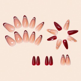 Press on Nails Tip Almond Medium Length, Artificial Fake Nails with Gold Sequins Design, Full Cover Reusable Coffin Shaped Glossy False Nails, Red French Acrylic Nails, Glue on Nails for Women Set