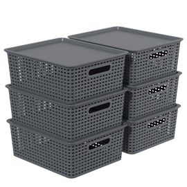Idotry Plastic Storage Baskets with Lids, Organizer Bins, 6-Pack, Gray