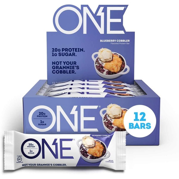 ONE Protein Bars, Blueberry Cobbler, Gluten Free Protein Bars with 20g Protein and only 1g Sugar, Guilt-Free Snacking for High Protein Diets, 2.12 oz (12 Pack)