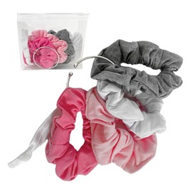 OOF! Scrunchie Holder + Assorted Hair Scrunchies | 6 Piece Set | Cotton Scrunchies + Satin Ponytail Elastic | Ring Holder + No Damage Scrunchies for Girls + Women | Cotton Candy Clouds Pink Bundle