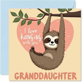Granddaughter Birthday Card - Sloth Hanging Around - Happy Birthday Card for Granddaughter from Grandpa Grandma, 145mm x 145mm Bday Greeting Cards