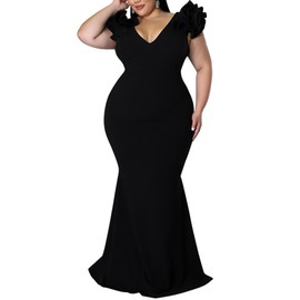 Women's Plus Size Maxi Dress Elegant V-Neck Ruffle Sleeves Bodycon Mermaid Dresses Evening Gown Black 4XL
