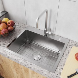 Bathenum 22" x 18" Drop in Kitchen Sink 304 Stainless Steel Single Bowl Topmount Kitchen Sink with Drain Kit and Bottom Grid, Brushed