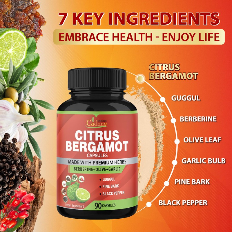 Organic Cadane Citrus Bergamot Supplement Extract Capsules, 90 Capsules &