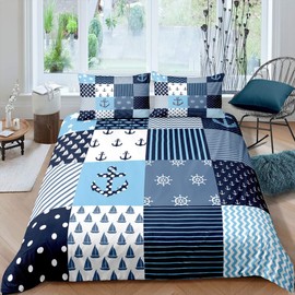 Feelyou Juego de funda de edredón náutica con diseño de navegación, juego de ropa de cama de patchwork, brújula de ancla, diseño de barco de vela, juego de funda de edredón para niños y niños, 2 piezas, tamaño individual