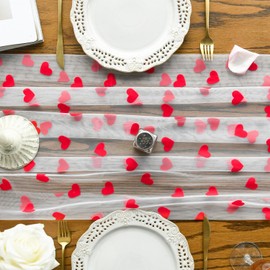Artoid Mode White and Red Heart Gauze Table Runner 120 Inch 10FT, Mother's Day Sheer Chiffon Cheesecloth Dining Anniversary Wedding Table Decor for Home Party