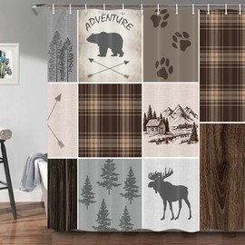 Rustic Cabin Shower Curtain, Retro Bear Deer Country Hunting Wild Animal Lodge Fabric Decor Bath Curtains, Plaid Check Adventure Bathroom Curtain with Hooks Polyester, 69X70Inch