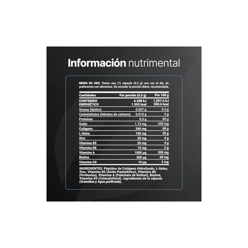 Vitaminas Cabello Hombre Cápsulas 500 Por Cápsula Colágeno Hidrolizado Lysina