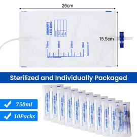 Tvvcalk Pack of 10 750 ml Urine Bags, Catheter Bag, Leg Bag, Catheter Leg Bag, Urine Drainage Bag with 2 Fabric Straps, Valve and T-Drain