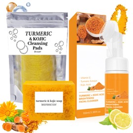 BERALLOYE Turmeric Wash and Care Three Piece Set,Turmeric Facial Cleanser & Turmeric Soap Bar & Turmeric Face Scrub Pads,Face & Body Cleanser,Turmeric Cleansing Skincare Set, Deep Cleansing