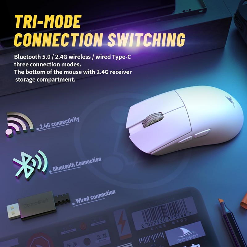 Darmoshark M3S 2K Wireless Gaming Mouse,Tri-Mode 2.4G/USB-C/Bluetooth Mouse Up to