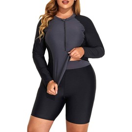Daci Women 2 Piece Plus Size Long Sleeve Rash Guard Bathing Suit Zip Front Athletic Boy Shorts Tankini Swimsuits UPF 50, Grey, 22 Plus