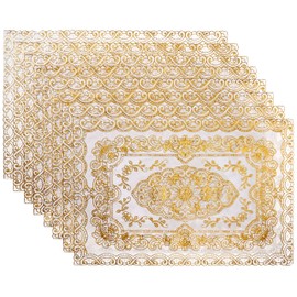 Reusable and Washable Set of 8, Soft Vinyl Lace Placemats or Doilies, Attractive Design Enhanced with Raised Detailing in Gold Metallic Provides You a Look and Feel of Embroidery. (Gold with White)