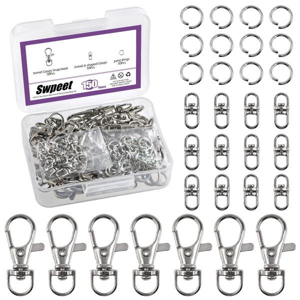Swpeet Assorted 150Pcs Silver Keychain Making Kit, 50Pcs Swivel Lobster