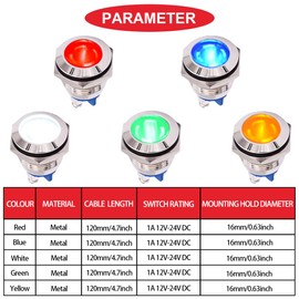MKBKLLJY 8Pcs Indicator Light 16mm Waterproof IP67 Metal Signal Lamp 12V AC/DC LED Pilot Dash Lamp Screw Terminal Concave Head 5Color(Red/Yellow/Blue/Green/White) with 120mm Cable for Car Boat