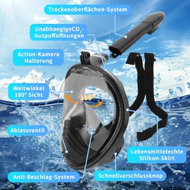 CNMTCCO Snorkel Mask for Adults, Diving Mask Adult with Camera Mount, 180° Panoramic View, Anti-Fog, CO2 Safe, Full Face Mask for Snorkelling (Black, S/M)