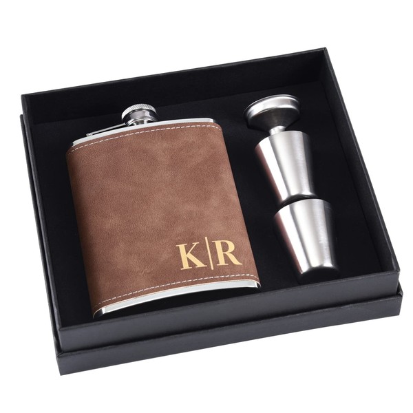 Personalized Flask for Men, 8 oz 304 Stainless Steel PU Leather Hip Flask Gift Set, Engraved Custom Hip Flask for Wedding Bachelor Party, Birthday Gift, Valentine Gift (Brown)