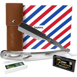 Sapiens Barbershop Men's Razor with Weschel Blade - Beard Razor Men - Barber Razor + Derby Razor Blades (20 Simple Razor Blades) + Carry Bag - Single Blade Razor Silver Edition