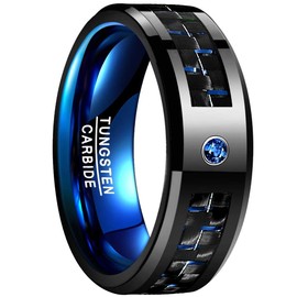 VAKKI 8mm Black Tungsten Ring Mens Wedding Ring Bands with Blue Cubic Zirconia and Carbon Fiber Beveled Edges Size Z+5