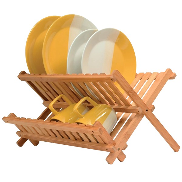 Bambsi Dish Drying Rack - Collapsible 2-Tier Bamboo Dish Rack